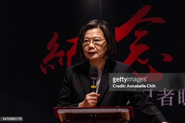 Taiwan's President Tsai Ing-wen gives a speech at a memorial event for the late Prime Minister of Japan, Shinzo Abe, on March 27, 2023 in Taipei,...
