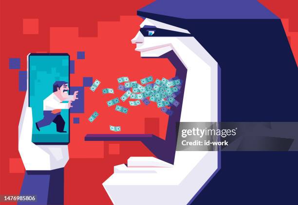 hacker spitting banknotes and luring businessman on smartphone - guy throwing up stock illustrations