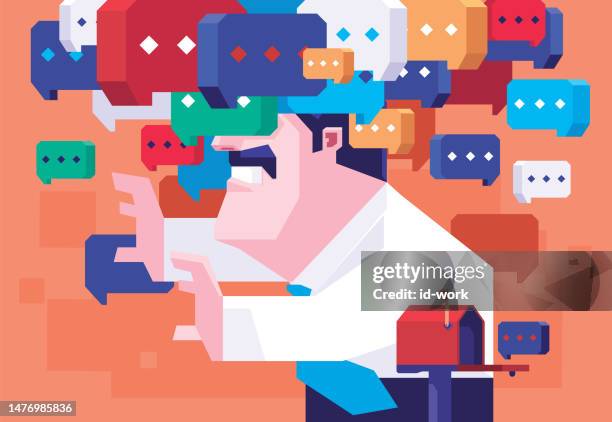 stockillustraties, clipart, cartoons en iconen met businessman searching beside mailbox with covered by heap of speech bubbles - wrong way