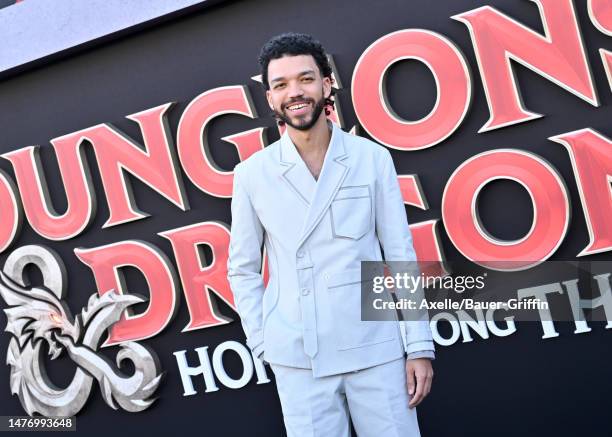 Justice Smith attends the Los Angeles Premiere of Paramount Pictures' "Dungeons And Dragons: Honor Among Thieves" at Regency Village Theatre on March...