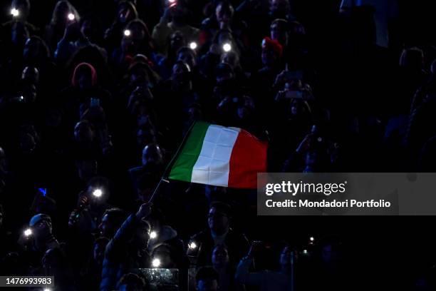 Flag of Italy waves during the UEFA EURO2024 European Championship Qualification Group C football match between Italy and England at Diego Armando...