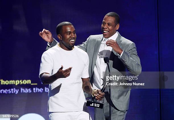 Kanye West and Jay-Z attend the 2012 BET Awards at The Shrine Auditorium on July 1, 2012 in Los Angeles, California.