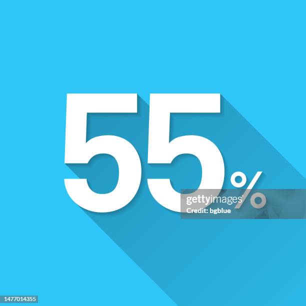 55% - fifty-five percent. icon on blue background - flat design with long shadow - number 55 stock illustrations