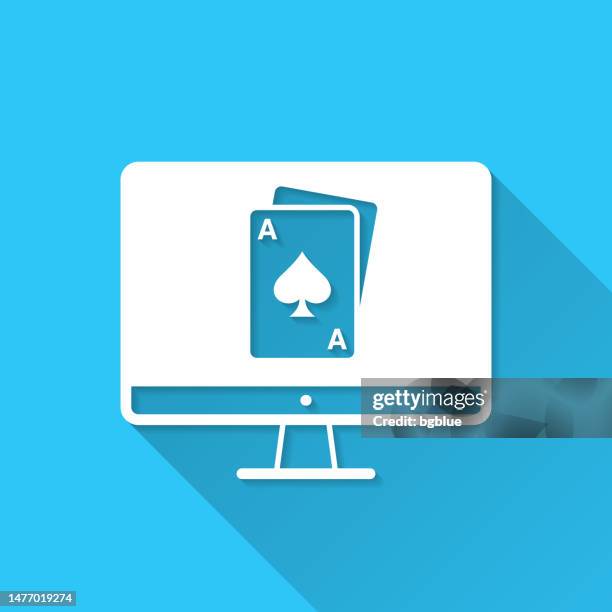 desktop computer with playing card. icon on blue background - flat design with long shadow - magic trick stock illustrations
