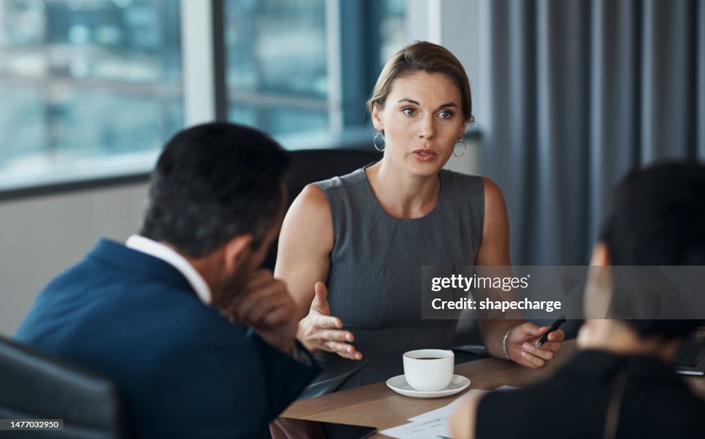 Donna seria che parla con i clienti aziendali in incontri di negoziazione, consulenza legale o pianificazione di consulenza professionale. Avvocato, manager o persone aziendali nella discussione della sala conferenze per la strategia di carriera