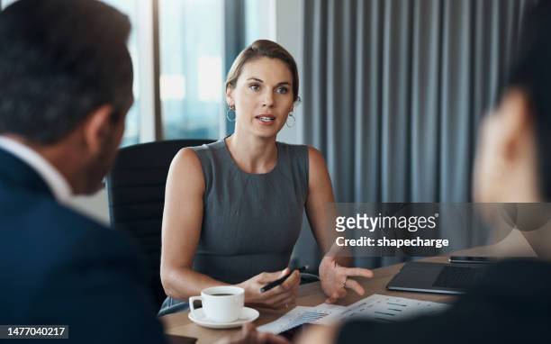 clients meeting of corporate woman talking of business proposal, negotiation interview or professional advice. financial advisor, investor or serious people in conference discussion or job leadership - advocaat stockfoto's en -beelden