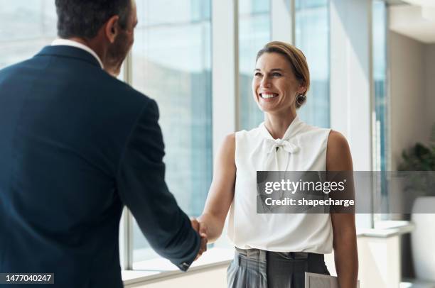 handshake, meeting and business people partnership for b2b collaboration, onboarding welcome or professional opportunity. corporate woman or clients shake hands for deal in office building interview - asset manager stock pictures, royalty-free photos & images