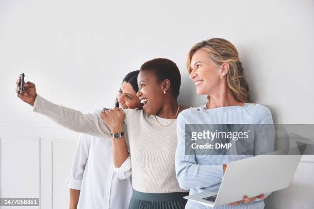corporate women, selfie and friends with diversity, communication and company about us with technology. happy people, smile in picture with laptop, digital device with networking and business team - social media profile stock pictures, royalty-free photos & images