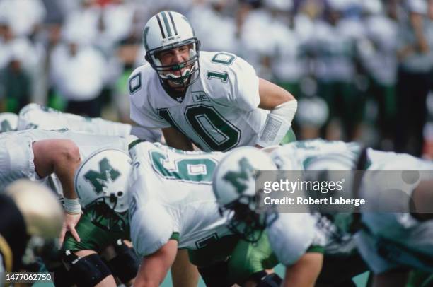Chad Pennington, Quarterback for the Marshall University Thundering Herd calls the play on the line of scrimmage during the NCAA Mid-American...