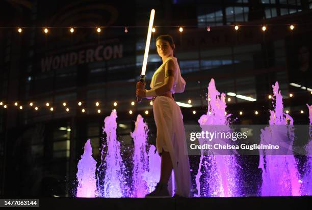 Cosplayer dressed as Rey from "Star Wars" attends WonderCon 2023 at Anaheim Convention Center on March 25, 2023 in Anaheim, California.