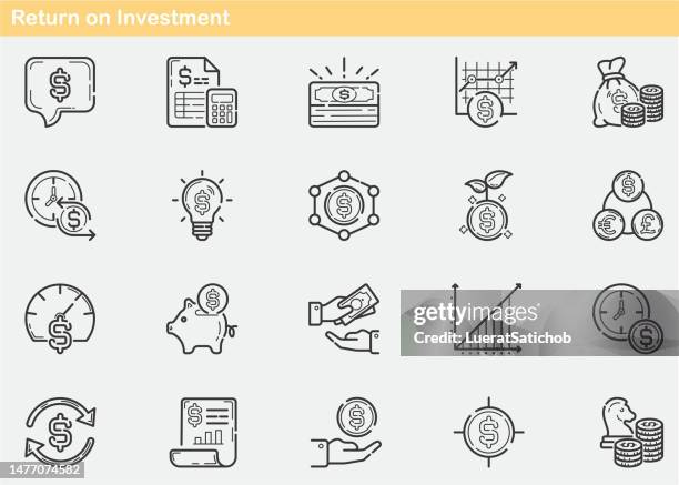 stockillustraties, clipart, cartoons en iconen met return on investment, money movement, money bag,  dollar currency, growing, save money, finance and banking, venture capital , capitalization increase, dividends, icon set, outline, flat line icons - lageplan