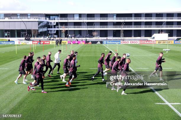 Players run during a training session of the German national team at DFB-Campus on March 27, 2023 in Frankfurt am Main, Germany.