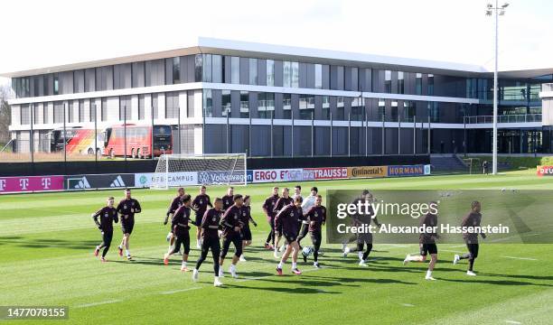 Players run during a training session of the German national team at DFB-Campus on March 27, 2023 in Frankfurt am Main, Germany.