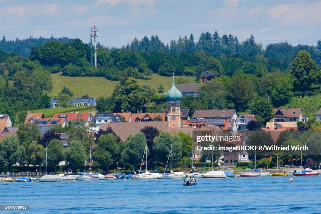 View of the village with St. Nicholas Church, Allensbach, Lake Constance, Baden-Wuerttemberg, Germany