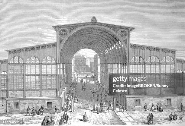 the building of the market hall in berlin around 1889, germany, digitally restored reproduction of an original 19th century artwork, exact original date unknown - market hall stock illustrations