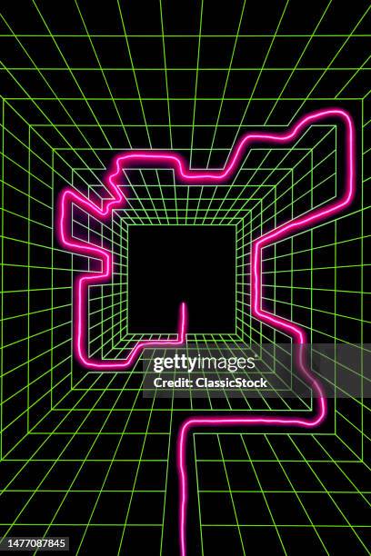 1990s computer graphic maze pink neon route through green grid.