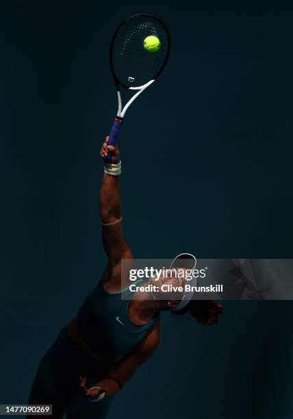 Bianca Andreescu of Canada serves against Emma Raducanu of Great Britain in their first round match during the Miami Open at Hard Rock Stadium on...