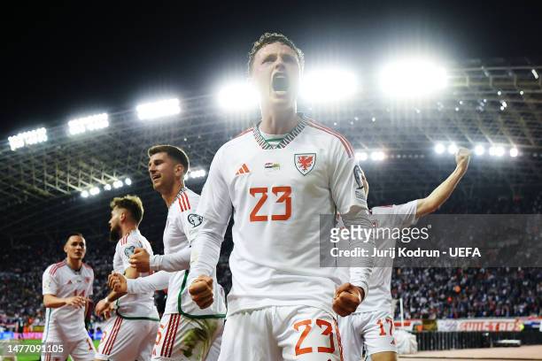 Nathan Broadhead of Wales celebrates after scoring the team's first goal during the UEFA EURO 2024 Qualifying Round Group D match between Croatia and...