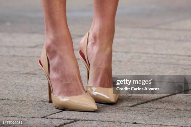 Queen Letizia of Spain, shoes detail, attends the IX International Congress of the Spanish Language at the Falla Theater on March 27, 2023 in Cadiz,...