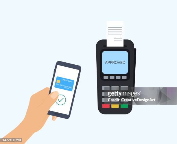 bildbanksillustrationer, clip art samt tecknat material och ikoner med contactless payment concept with mobile phone and pos terminal. smart phone making contactless transactions with nfc technology - debit cards credit cards accepted