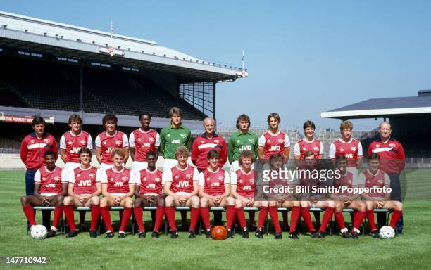 The Arsenal 1st team squad pictured at Highbury Stadium in London, circa August 1985. Back row : John Cartwright , Martin Hayes, Martin Keown, Chris...