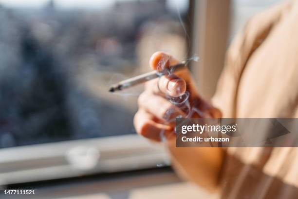 young man smoking by the window at home - smoking alone stock pictures, royalty-free photos & images