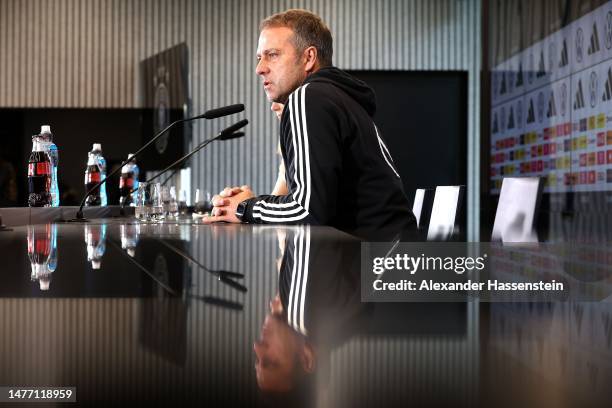 Hans-Dieter Flick, head coach of Germany talks to the media during a team Germany press conference at DFB-Campus on March 27, 2023 in Frankfurt am...