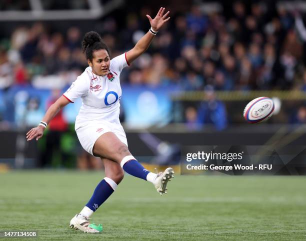Lagi Tuima of England kicks a conversion during the TikTok Women's Six Nations match between England and Scotland at Kingston Park on March 25, 2023...