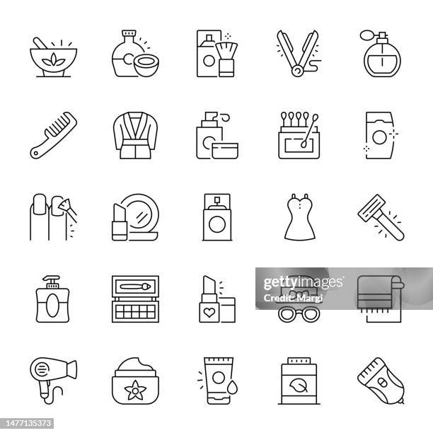ilustraciones, imágenes clip art, dibujos animados e iconos de stock de conjunto de iconos de línea de cuidado corporal - paleta de maquillaje