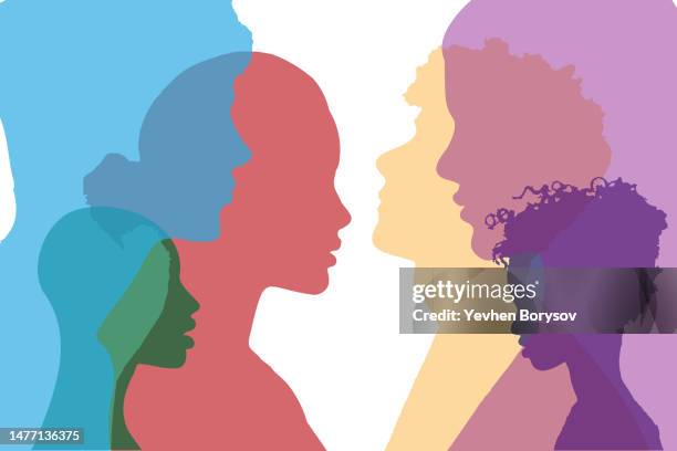 group of people of different races, gender and nationalities in profile - mixed race woman stockfoto's en -beelden