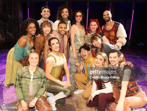 Katy Perry poses backstage with the ensemble at the new musical "& Juliet" on Broadway at The Stephen Sondheim Theatre on March 26, 2023 in New York...