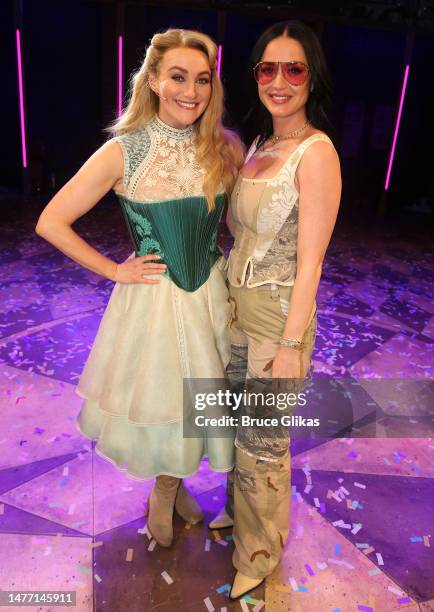 Betsy Wolfe and Katy Perry pose at the new musical "& Juliet" on Broadway at The Stephen Sondheim Theatre on March 26, 2023 in New York City. Katy...