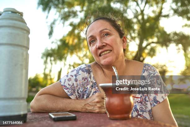 woman drinking mate tea - bottle gourd stock pictures, royalty-free photos & images