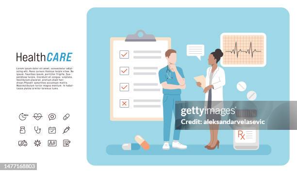 stockillustraties, clipart, cartoons en iconen met female doctor and male nurse standing and talking - medisch dossier