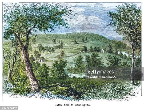 old engraved illustration of battlefield of bennington, battle of the american revolutionary war, part of the saratoga campaign - サラトガ ストックフォトと画像