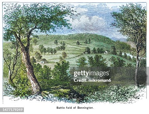 Old engraved illustration of battlefield of Bennington, battle of the American Revolutionary War, part of the Saratoga campaign