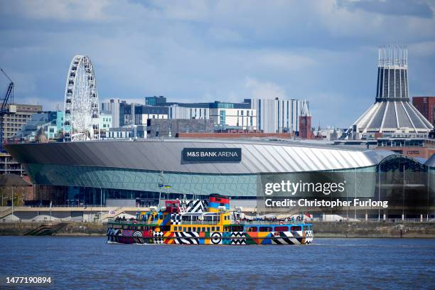 The mersey ferry sails past the M&S Bank Arena which will host the 2023 Eurovision song contest on March 27, 2023 in Liverpool, England. Liverpool...