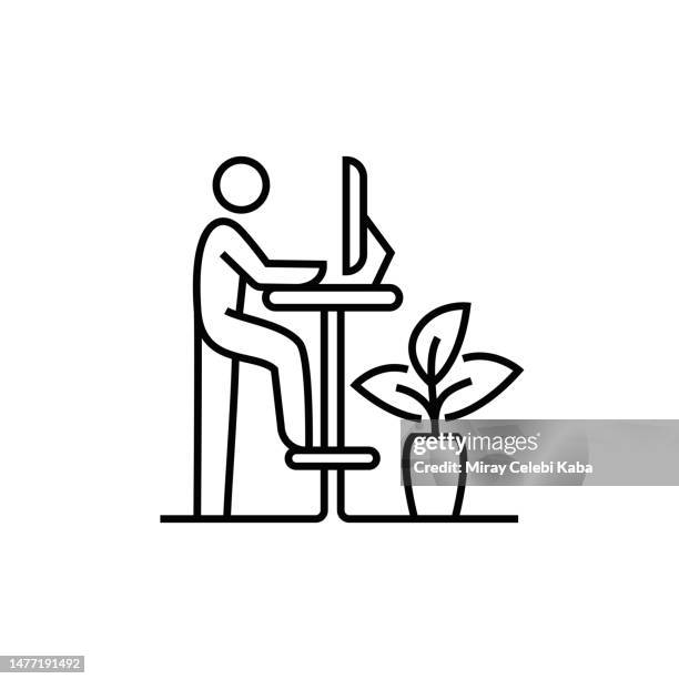 ilustrações de stock, clip art, desenhos animados e ícones de standing workplace line icon - business woman desk stand