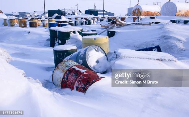 Storage drums in Prudhoe Bay on the North Slope just on the edge of the Arctic National Wildlife Refuge, Alaska, USA. On March 28th, 2002