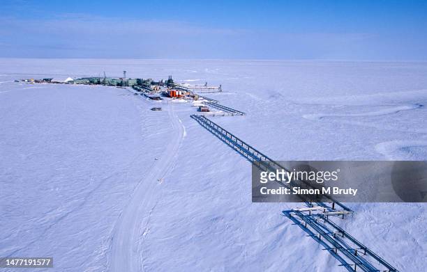 Aerial view of oil facilities in Prudhoe Bay on the North Slope just on the edge of the Arctic National Wildlife Refuge on March 28th, 2002 in...