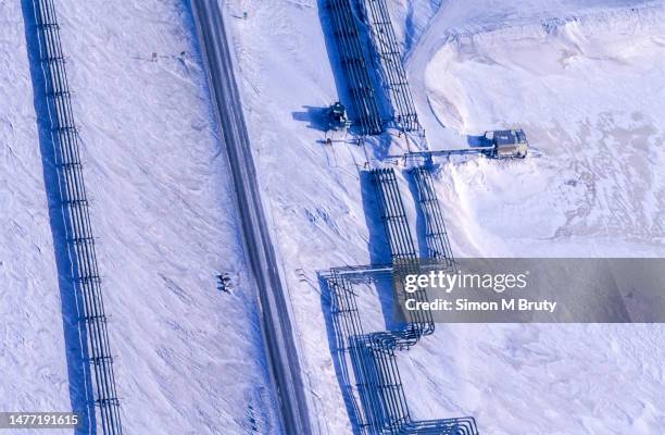 Aerial view of oil facilities in Prudhoe Bay on the North Slope just on the edge of the Arctic National Wildlife Refuge on March 28th, 2002 in...