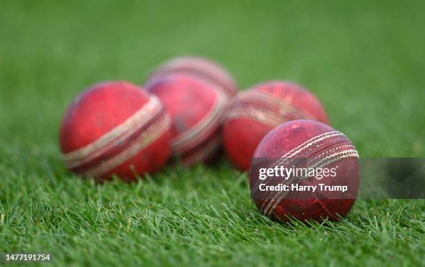 Detailed view of cricket balls during the Pre-season Friendly match between Somerset and Glamorgan at The Cooper Associates County Ground on March...