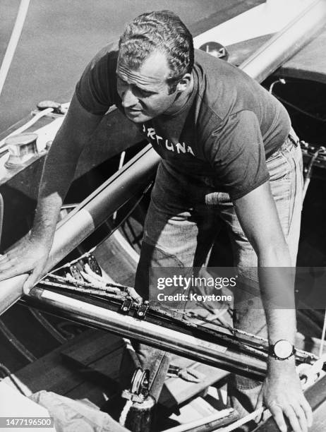 Spanish Royal Juan Carlos, Prince of Spain, on his yacht 'Fortuna' ahead of competing in the Dragon-Class yacht racing competition at the Arenys de...