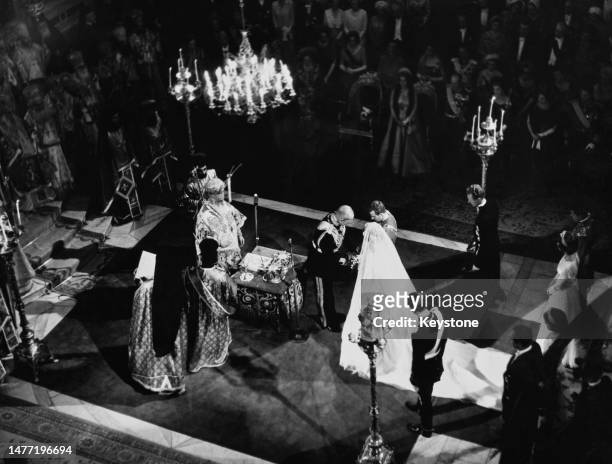 High-angle view of the wedding of Spanish Royal Juan Carlos, Prince of Asturias, and Greek Royal Princess Sofia of Greece and Denmark, at the...