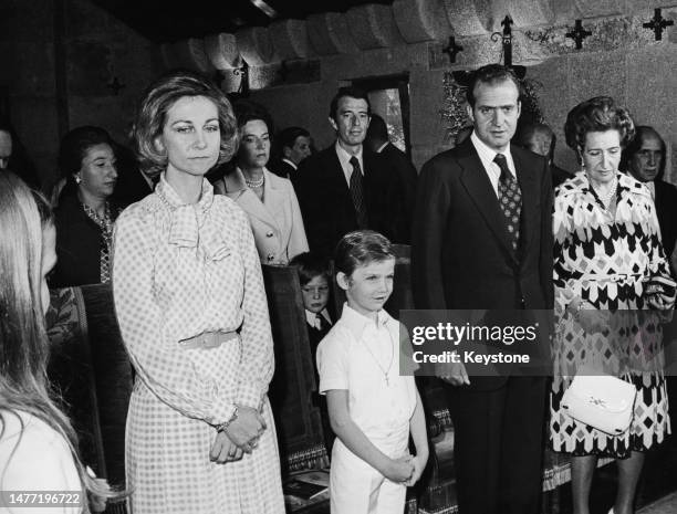 Spanish Royals Sofia, Princess of Spain, her son Infante Felipe of Spain, and husband Juan Carlos, Prince of Spain, and his mother, Princess Maria de...