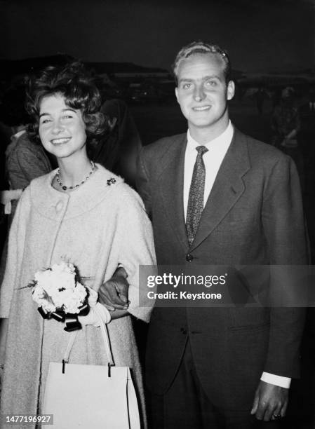 Greek Royal Princess Sofia of Greece and Denmark, and Spanish Royal Juan Carlos, Prince of Asturias, on their return to Athens, Greece, 15th...