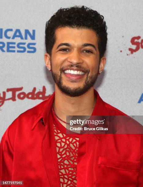 Jordan Fisher poses at the opening night of the new production of Stephen Sondheim's "Sweeney Todd" on Broadway at The Lunt-Fontanne Theatre on March...