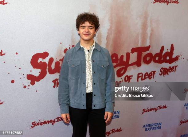 Gaten Matarazzo poses at the opening night of the new production of Stephen Sondheim's "Sweeney Todd" on Broadway at The Lunt-Fontanne Theatre on...