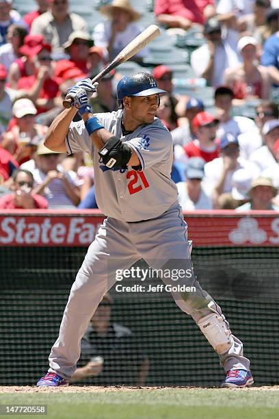 Juan Rivera of the Los Angeles Dodgers bats against the Los Angeles Angels of Anaheim in the third inning of the interleague game at Angel Stadium of...