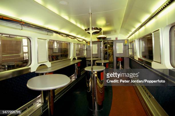 Interior view of the buffet car of a British Rail Class 373 Eurostar e300 electric multiple unit high speed train inside North Pole depot in London...